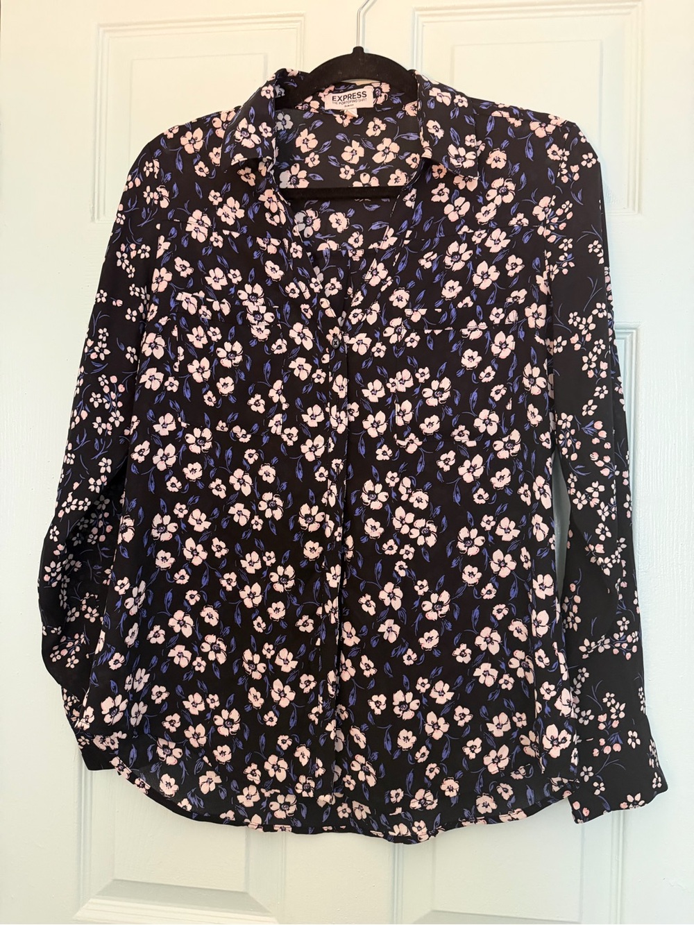 Express Black Floral Button-Down Shirt with Pink and Blue Blossoms
